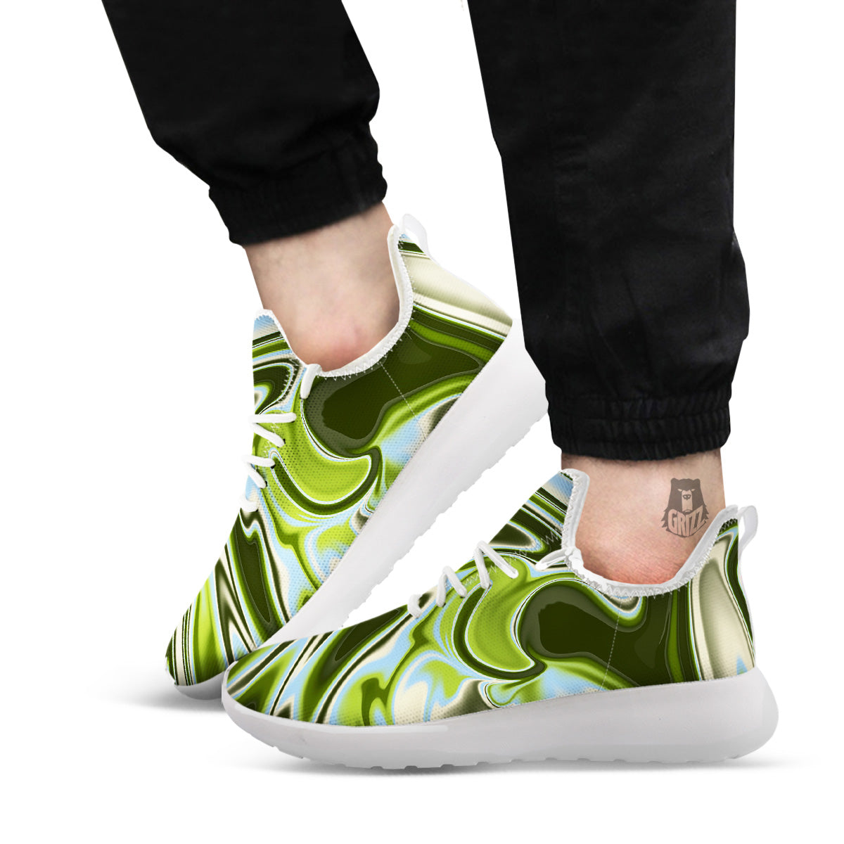 Acid Melt Green Print White Athletic Shoes-grizzshop
