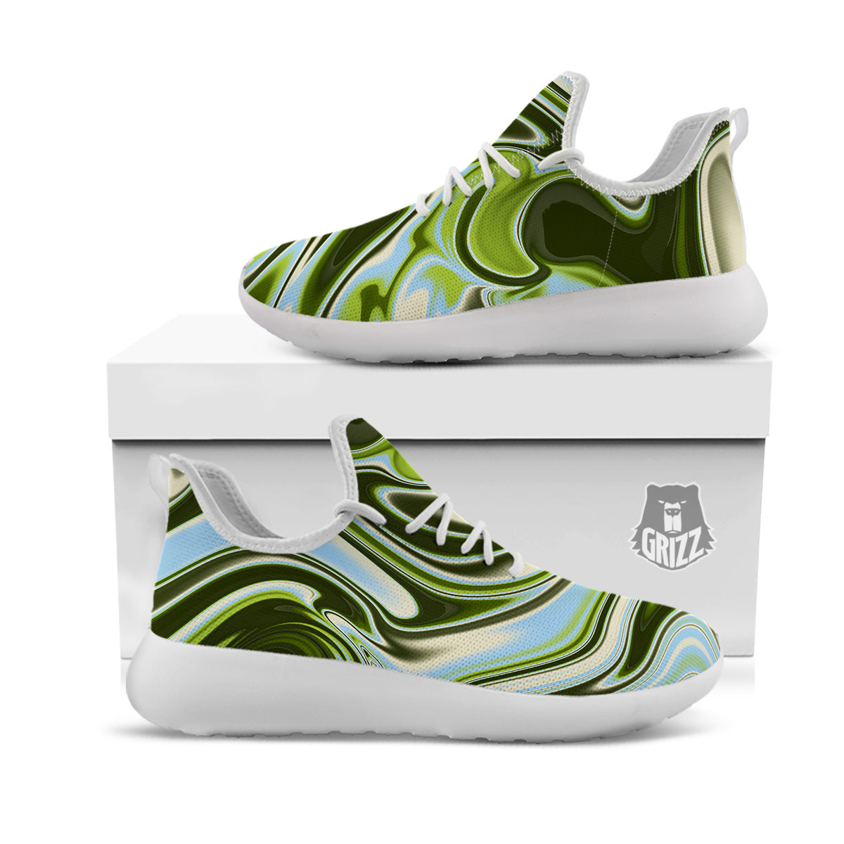 Acid Melt Green Print White Athletic Shoes-grizzshop