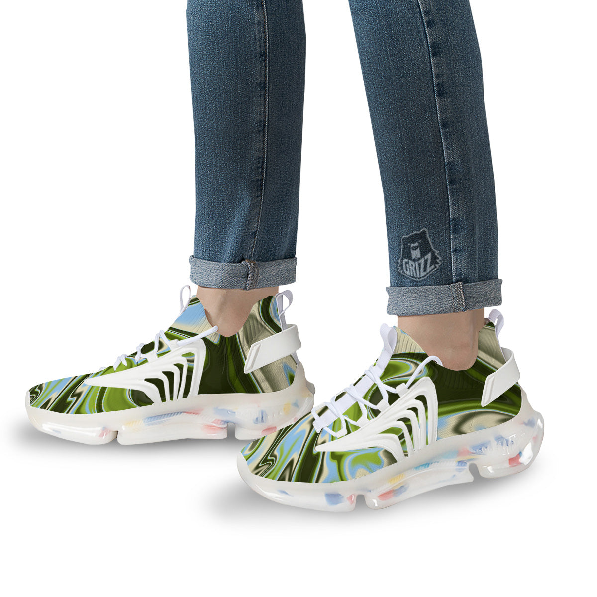 Acid Melt Green Print White Gym Shoes-grizzshop