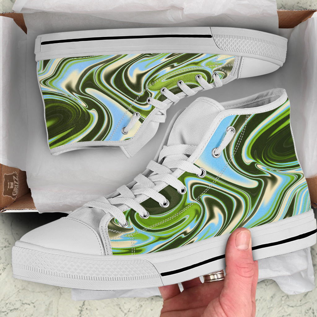 Acid Melt Green Print White High Top Shoes-grizzshop