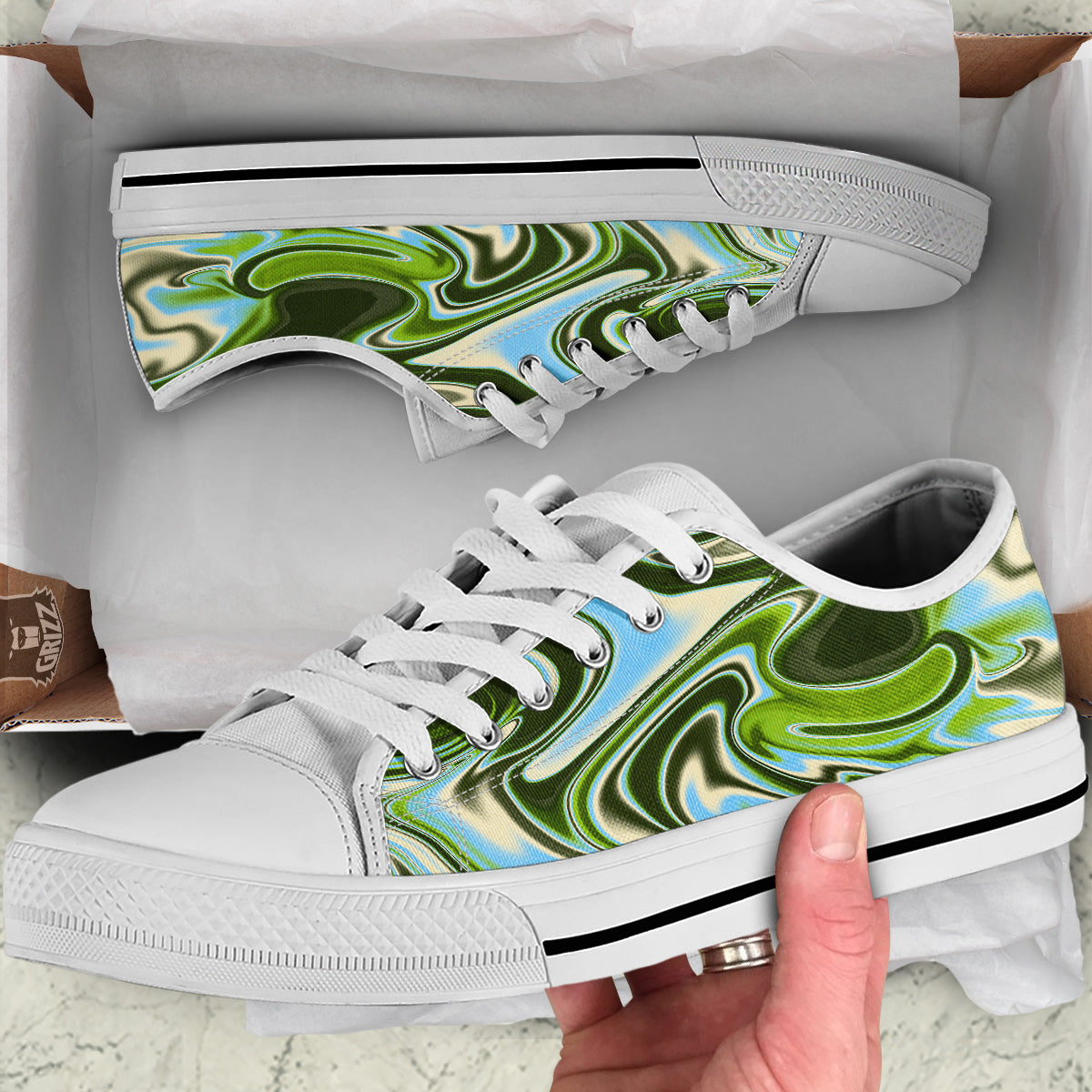 Acid Melt Green Print White Low Top Shoes-grizzshop