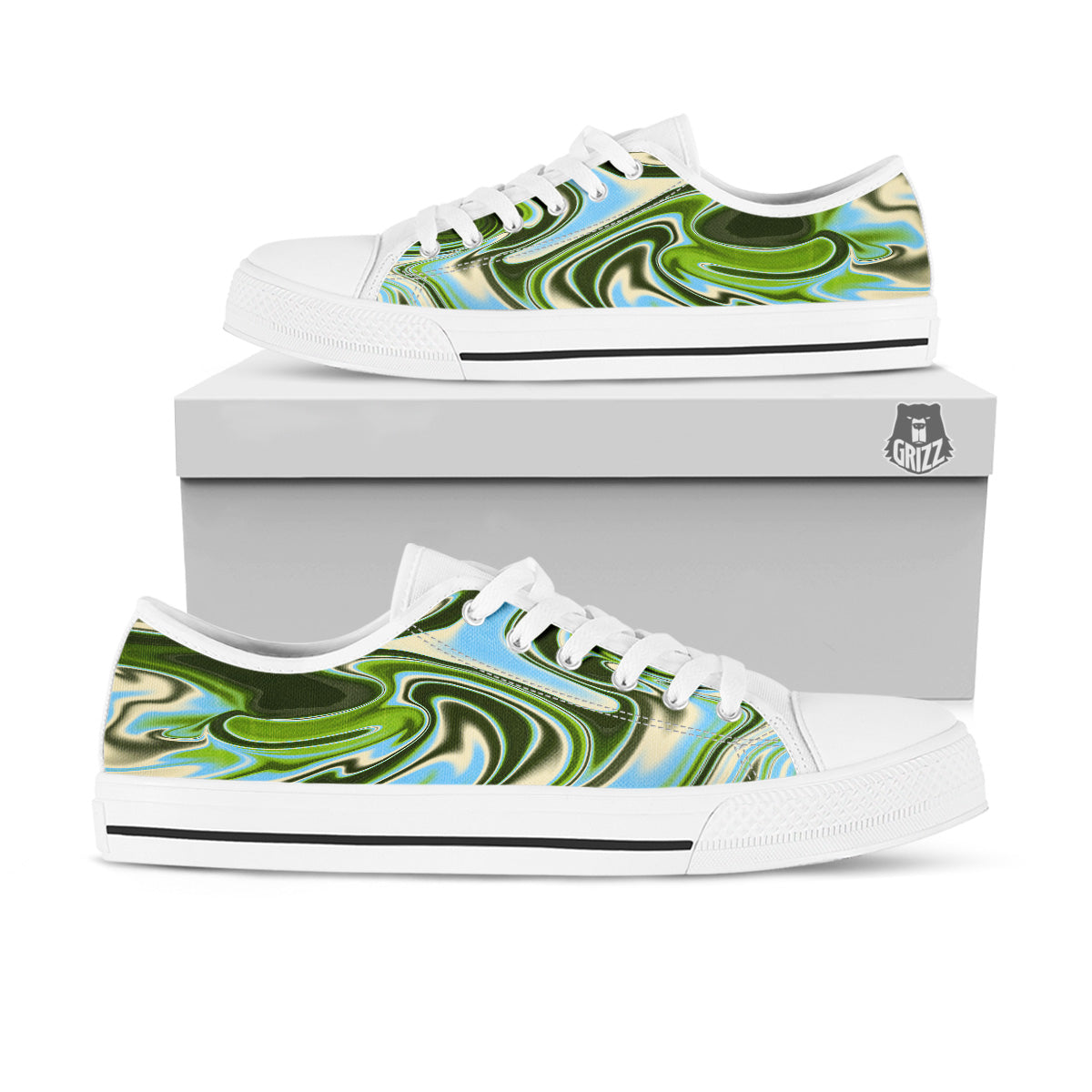 Acid Melt Green Print White Low Top Shoes-grizzshop