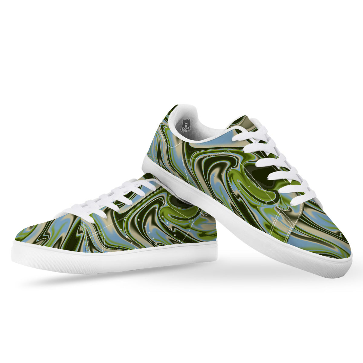 Acid Melt Green Print White Low Top Sneakers-grizzshop