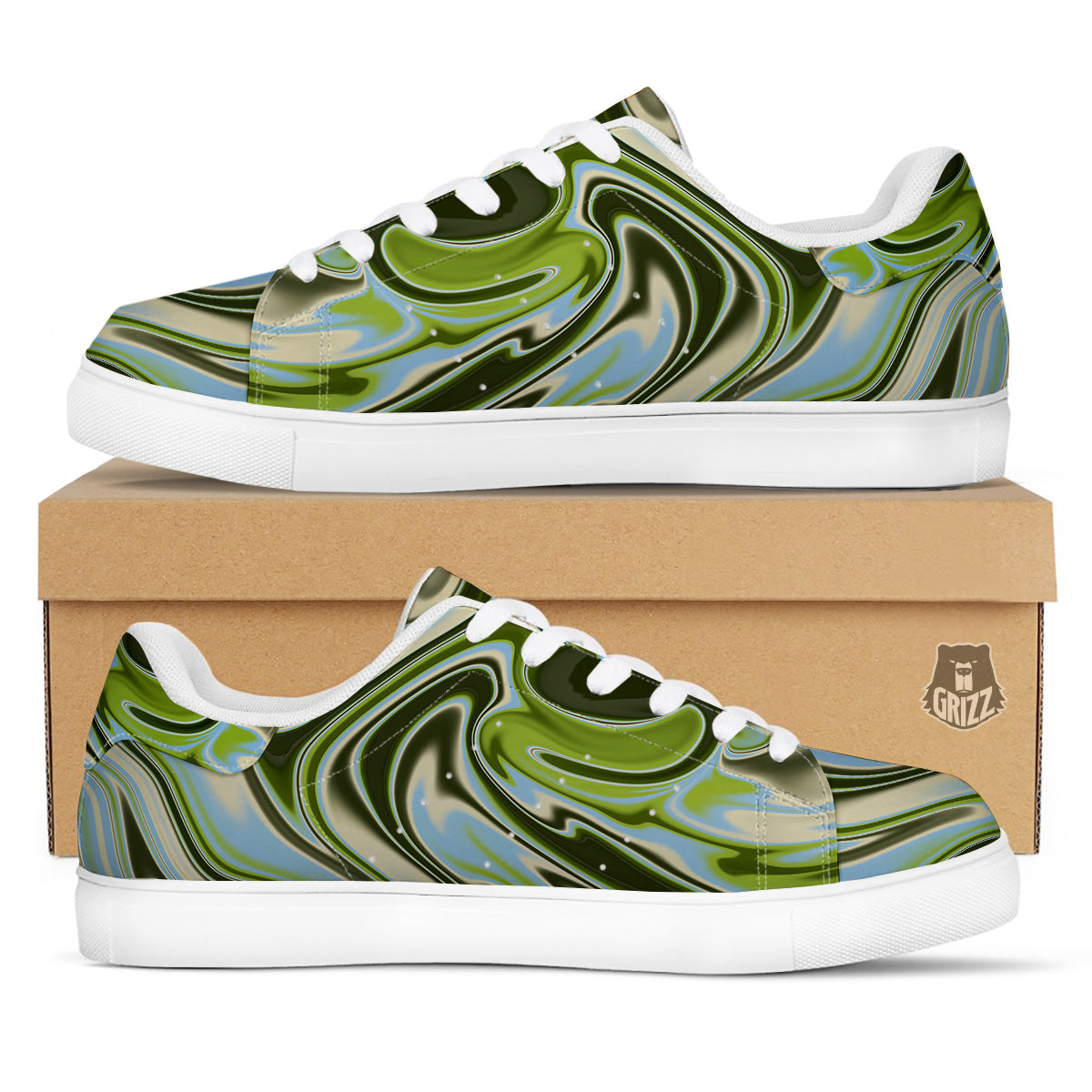 Acid Melt Green Print White Low Top Sneakers-grizzshop