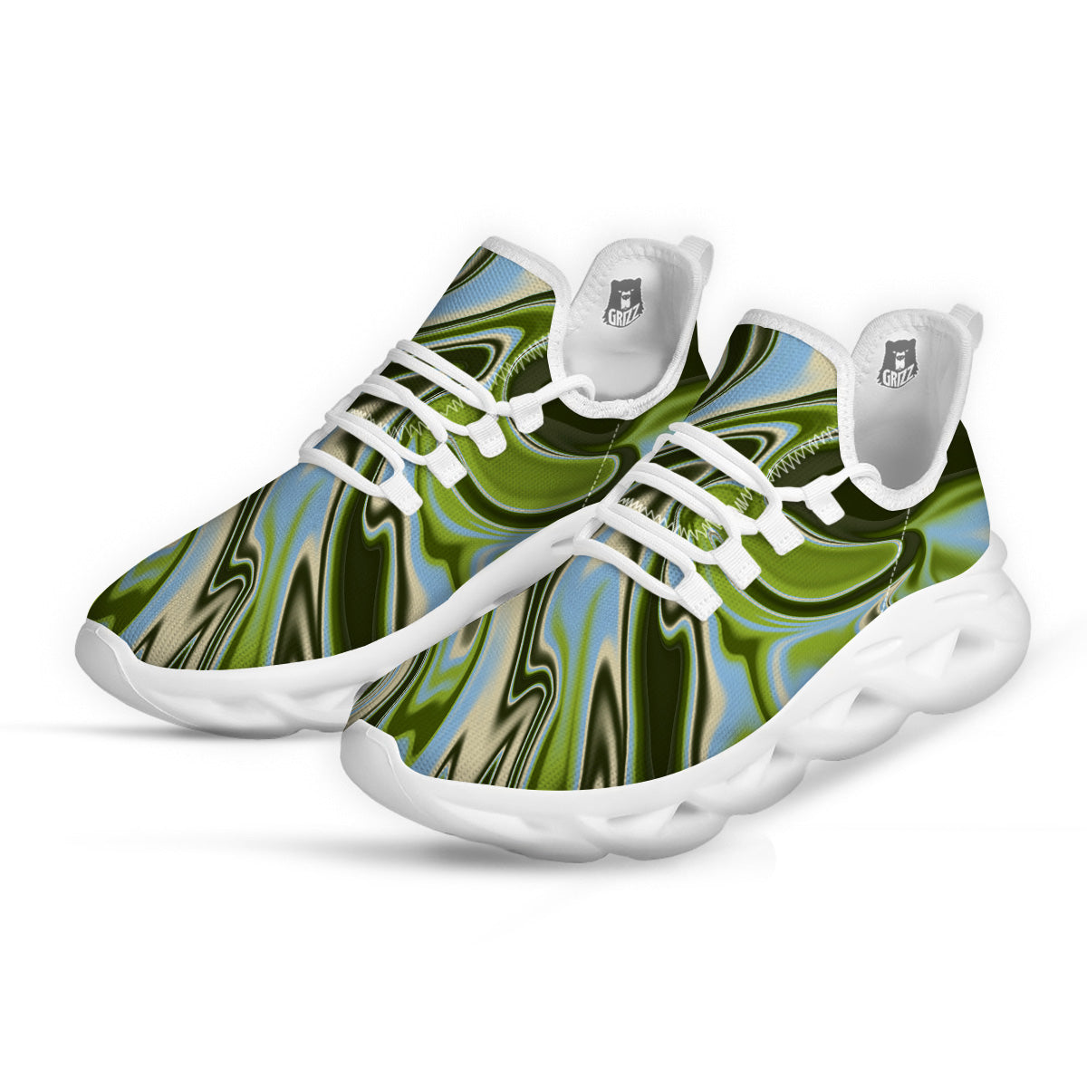 Acid Melt Green Print White Running Shoes-grizzshop