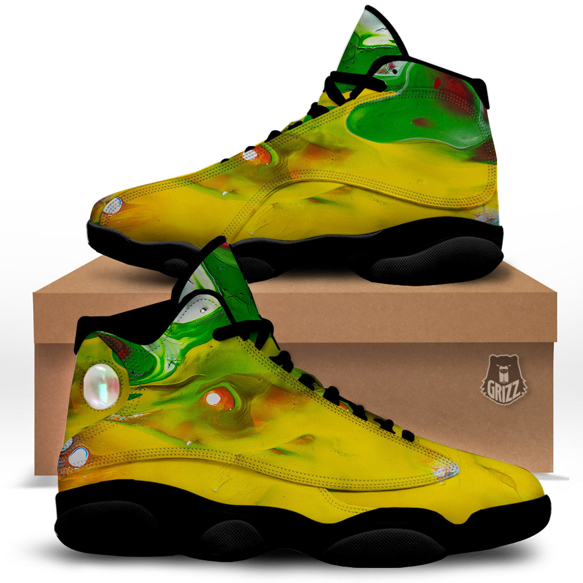 Acid Melt Yellow And Green Print Black Basketball Shoes-grizzshop