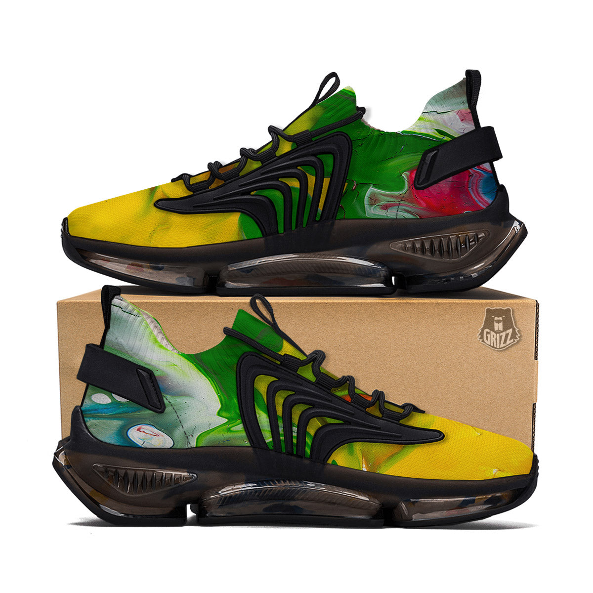 Acid Melt Yellow And Green Print Black Gym Shoes-grizzshop