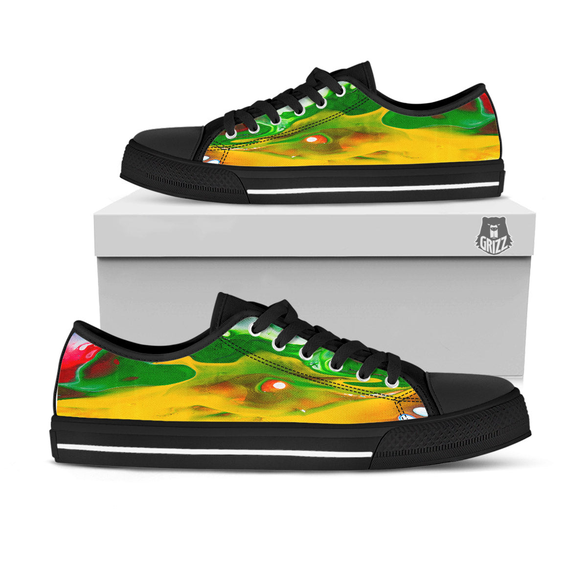 Acid Melt Yellow And Green Print Black Low Top Shoes-grizzshop