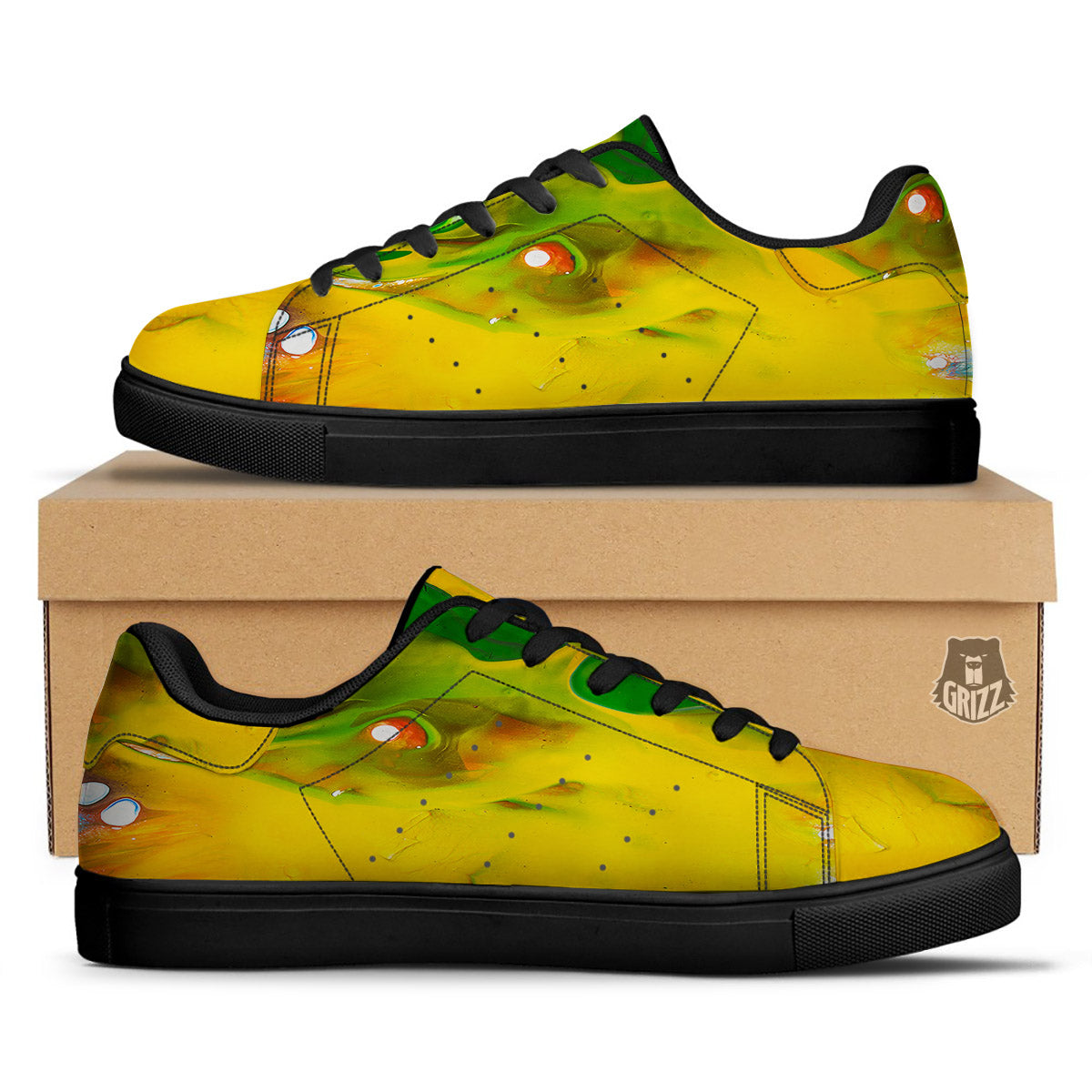 Acid Melt Yellow And Green Print Black Low Top Sneakers-grizzshop