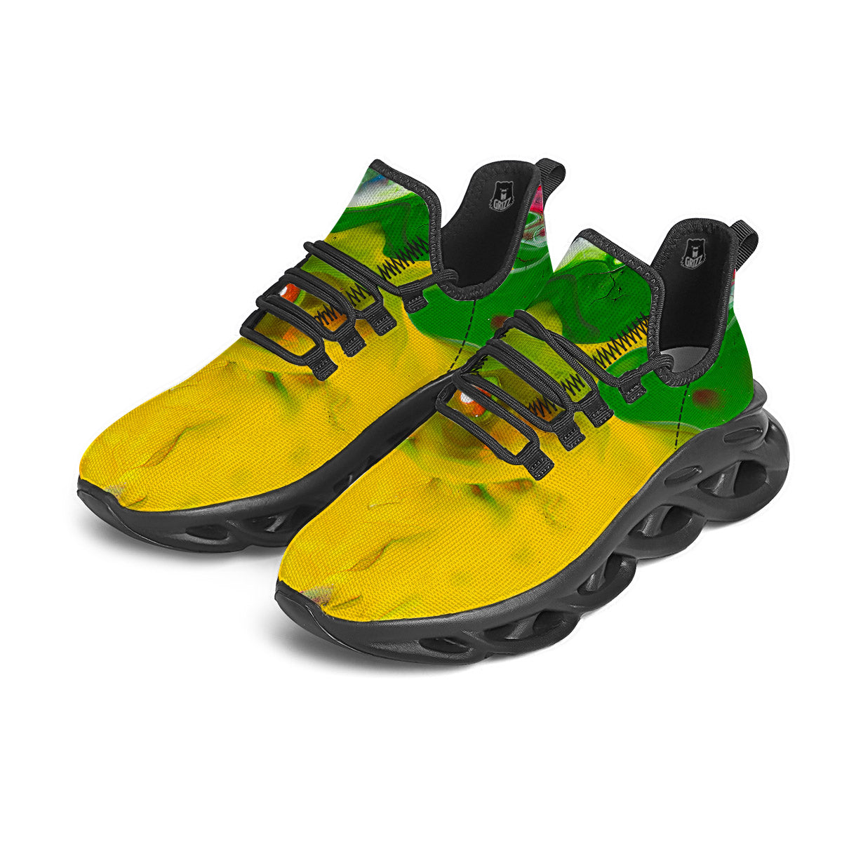 Acid Melt Yellow And Green Print Black Running Shoes-grizzshop