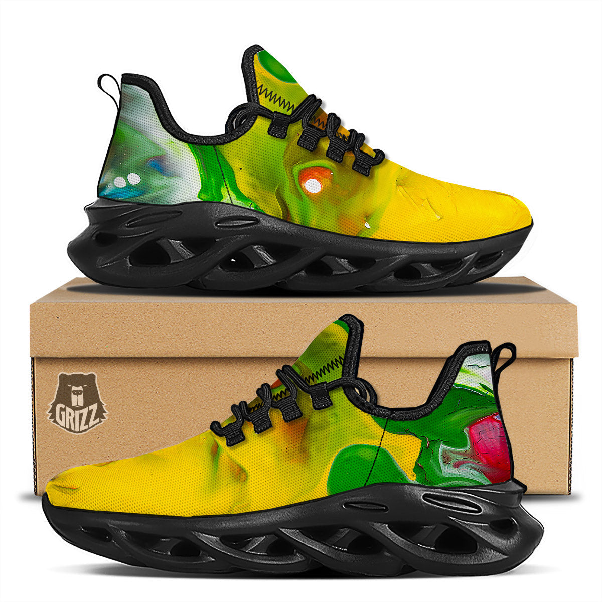Acid Melt Yellow And Green Print Black Running Shoes-grizzshop
