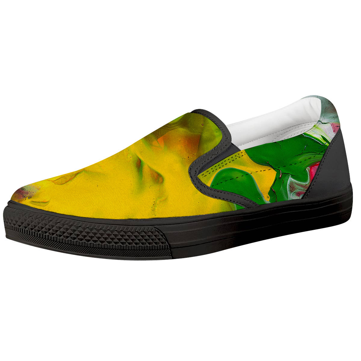 Acid Melt Yellow And Green Print Black Slip On Shoes-grizzshop