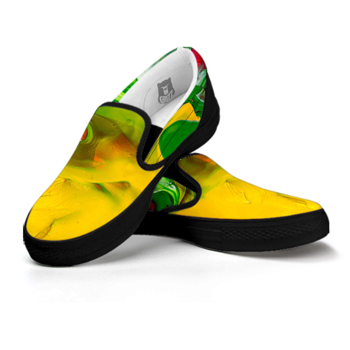 Acid Melt Yellow And Green Print Black Slip On Shoes-grizzshop