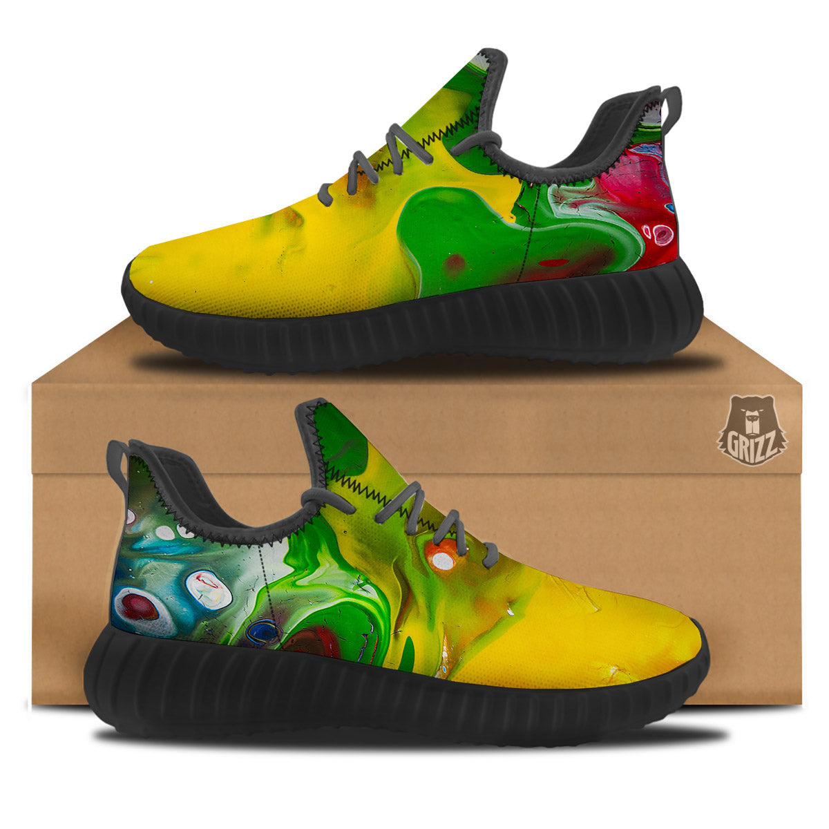 Acid Melt Yellow And Green Print Black Walking Shoes-grizzshop