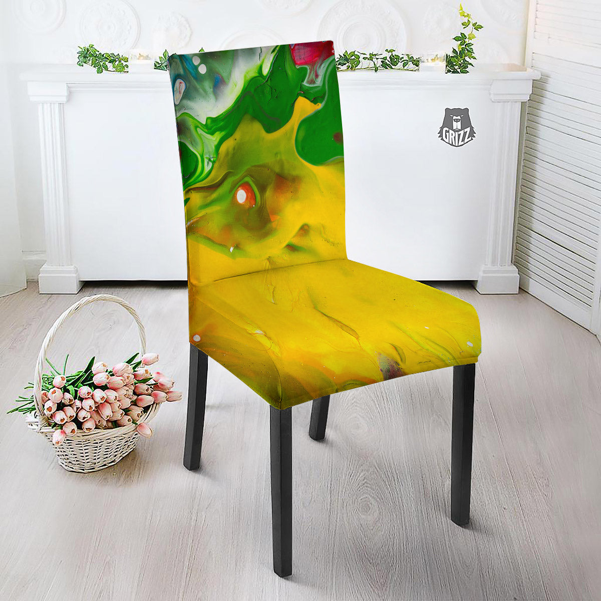 Acid Melt Yellow And Green Print Dining Chair Slipcover-grizzshop