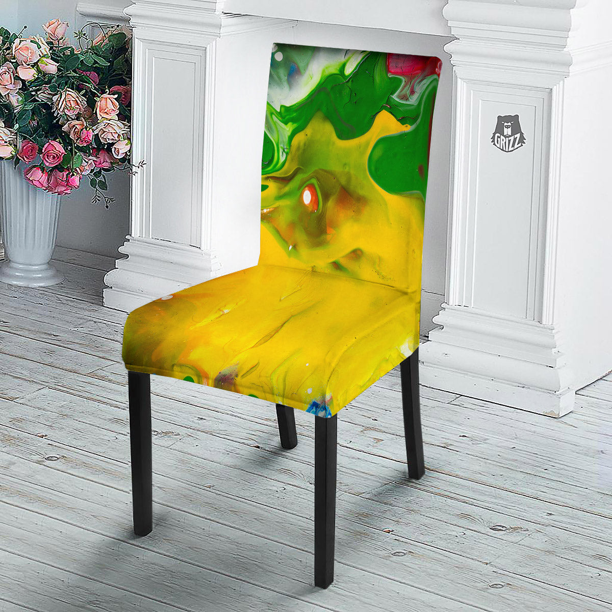 Acid Melt Yellow And Green Print Dining Chair Slipcover-grizzshop