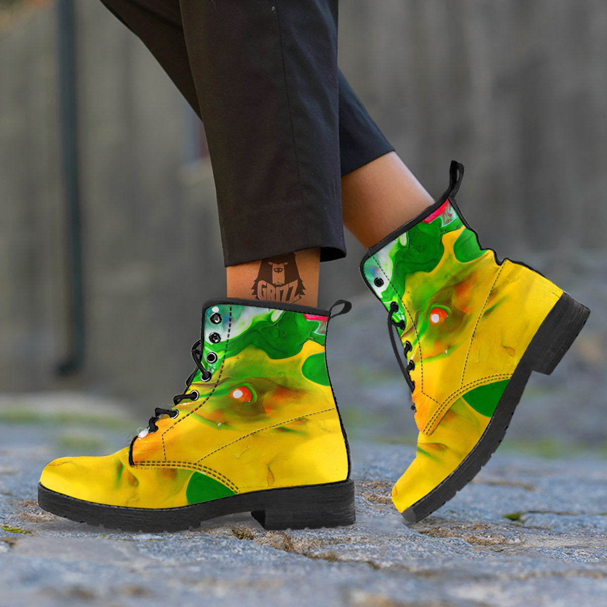 Acid Melt Yellow And Green Print Leather Boots-grizzshop