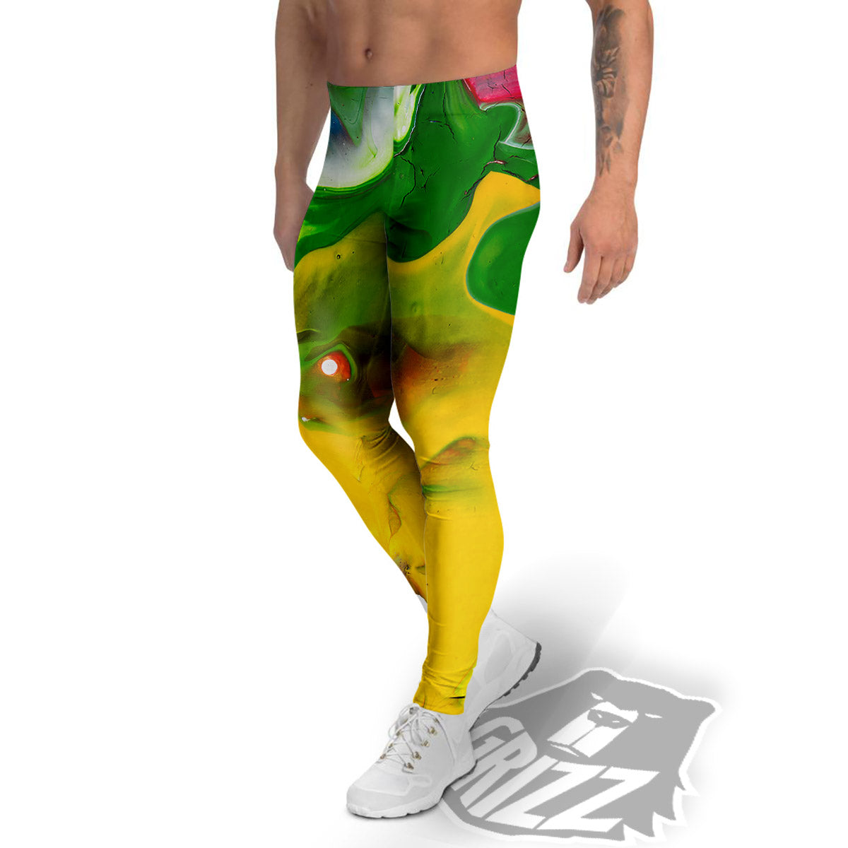 Acid Melt Yellow And Green Print Men's Leggings-grizzshop