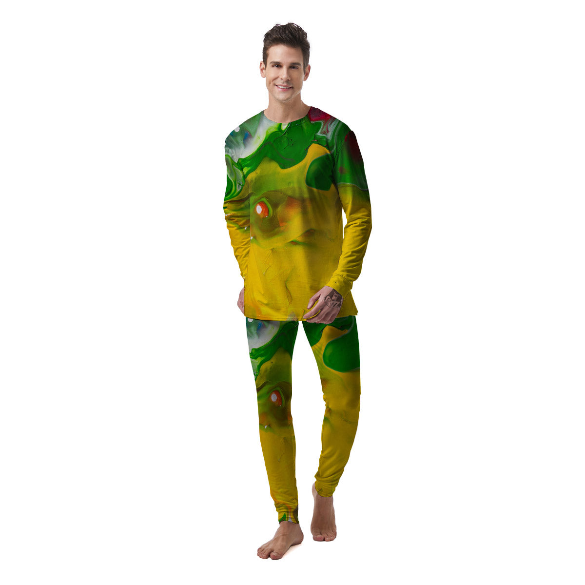 Acid Melt Yellow And Green Print Men's Pajamas-grizzshop