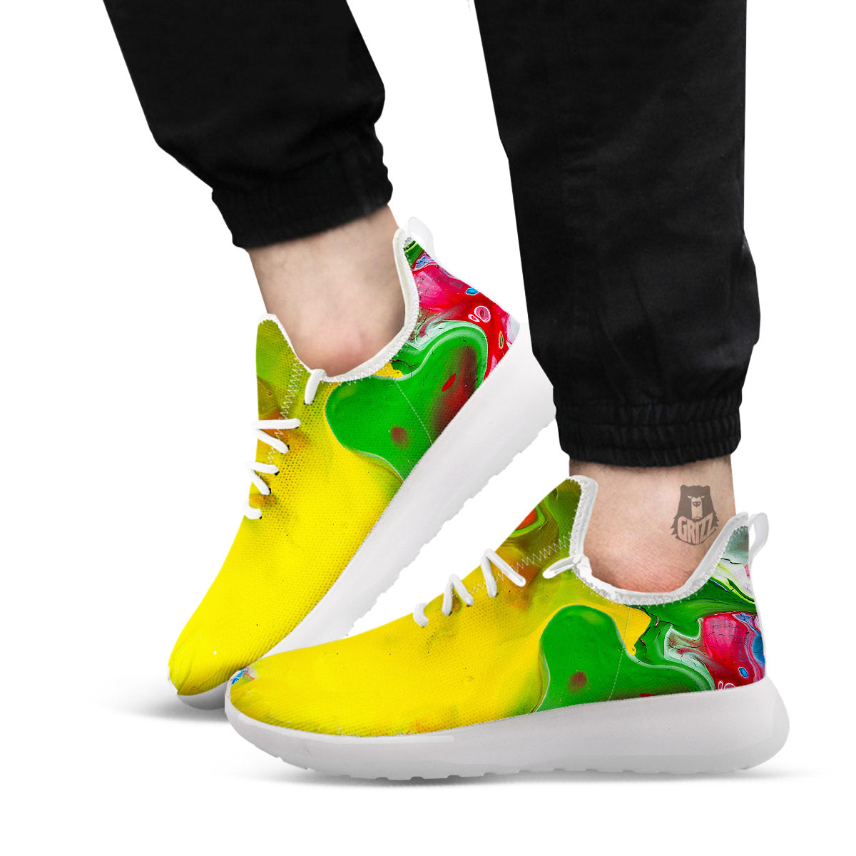 Acid Melt Yellow And Green Print White Athletic Shoes-grizzshop