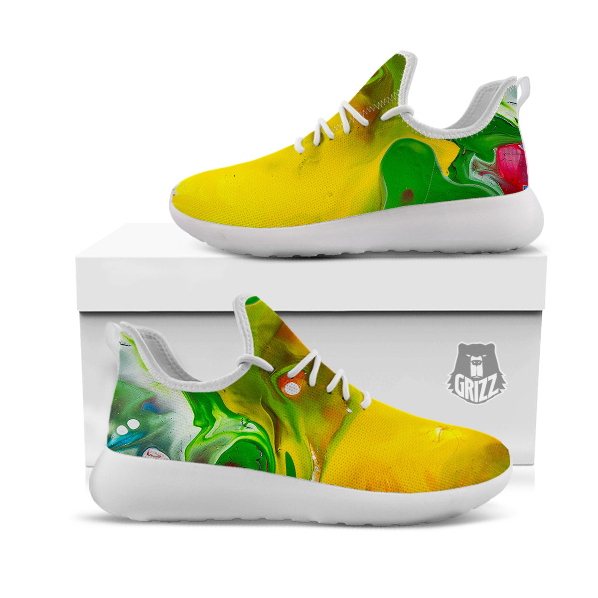 Acid Melt Yellow And Green Print White Athletic Shoes-grizzshop