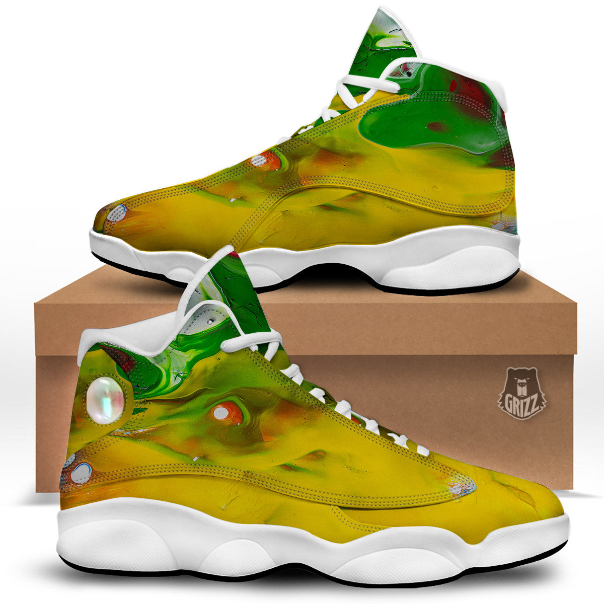 Acid Melt Yellow And Green Print White Basketball Shoes-grizzshop