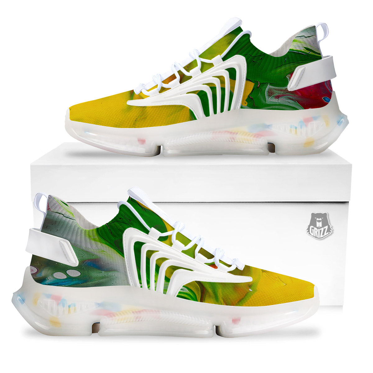 Acid Melt Yellow And Green Print White Gym Shoes-grizzshop