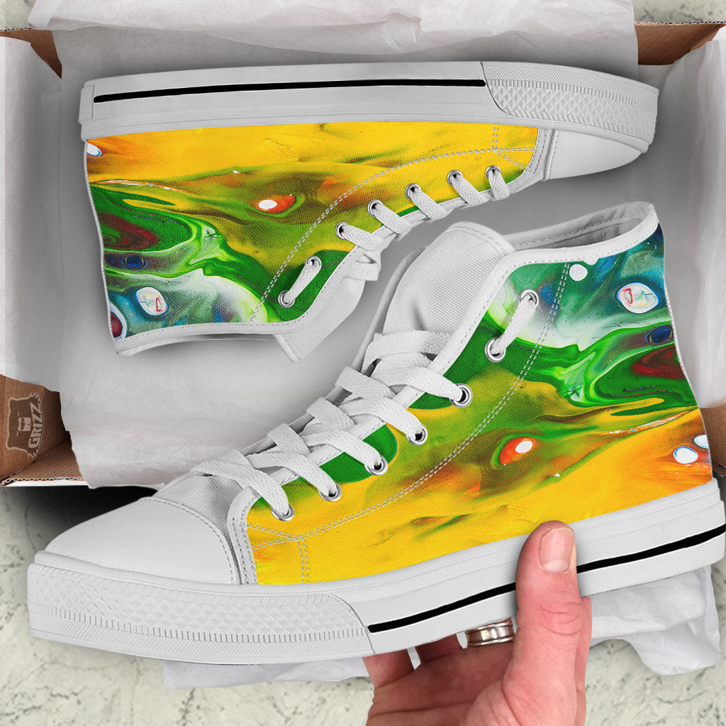 Acid Melt Yellow And Green Print White High Top Shoes-grizzshop