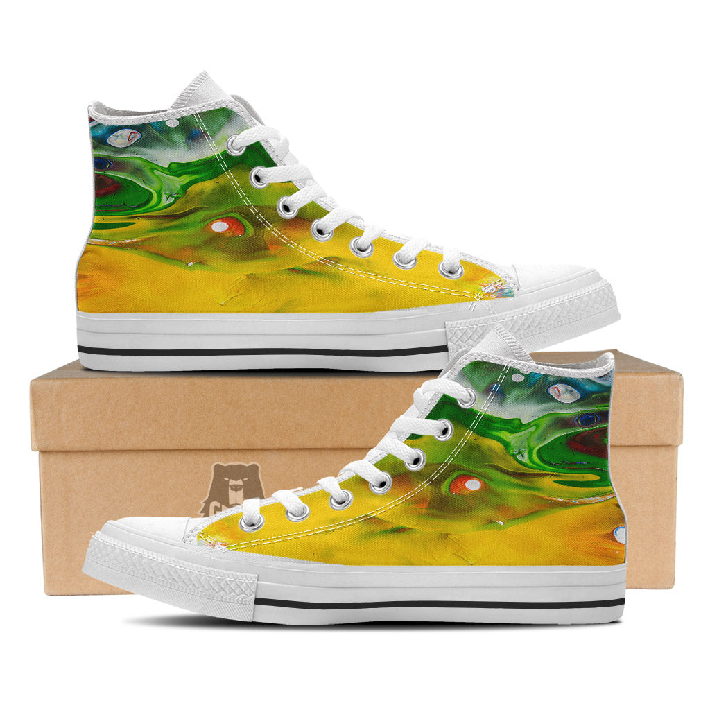 Acid Melt Yellow And Green Print White High Top Shoes-grizzshop