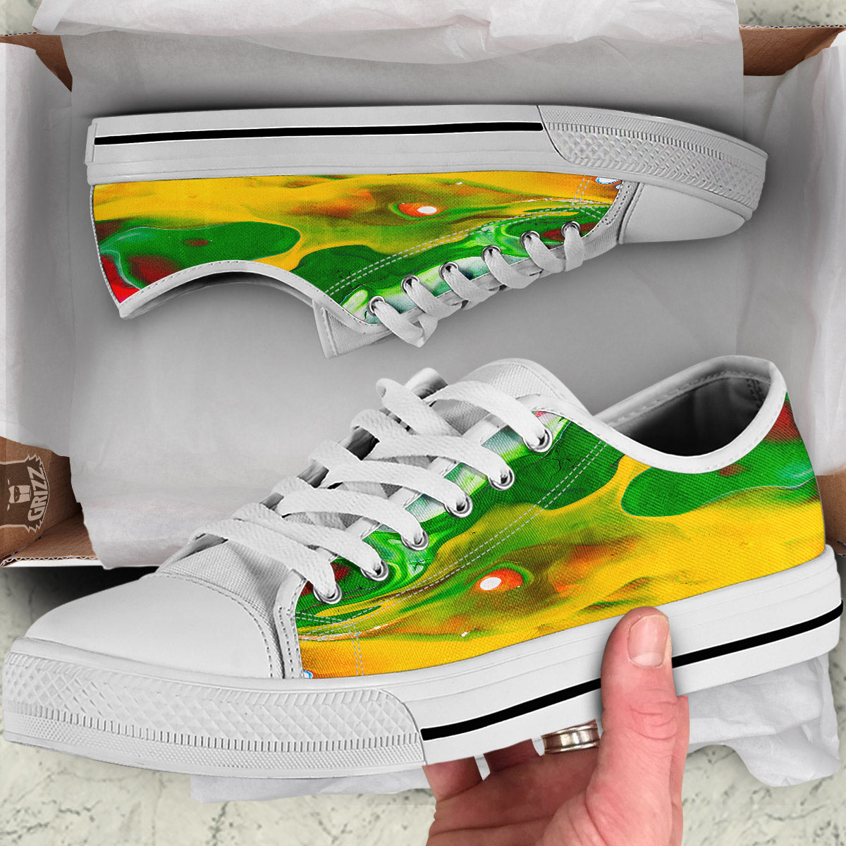 Acid Melt Yellow And Green Print White Low Top Shoes-grizzshop
