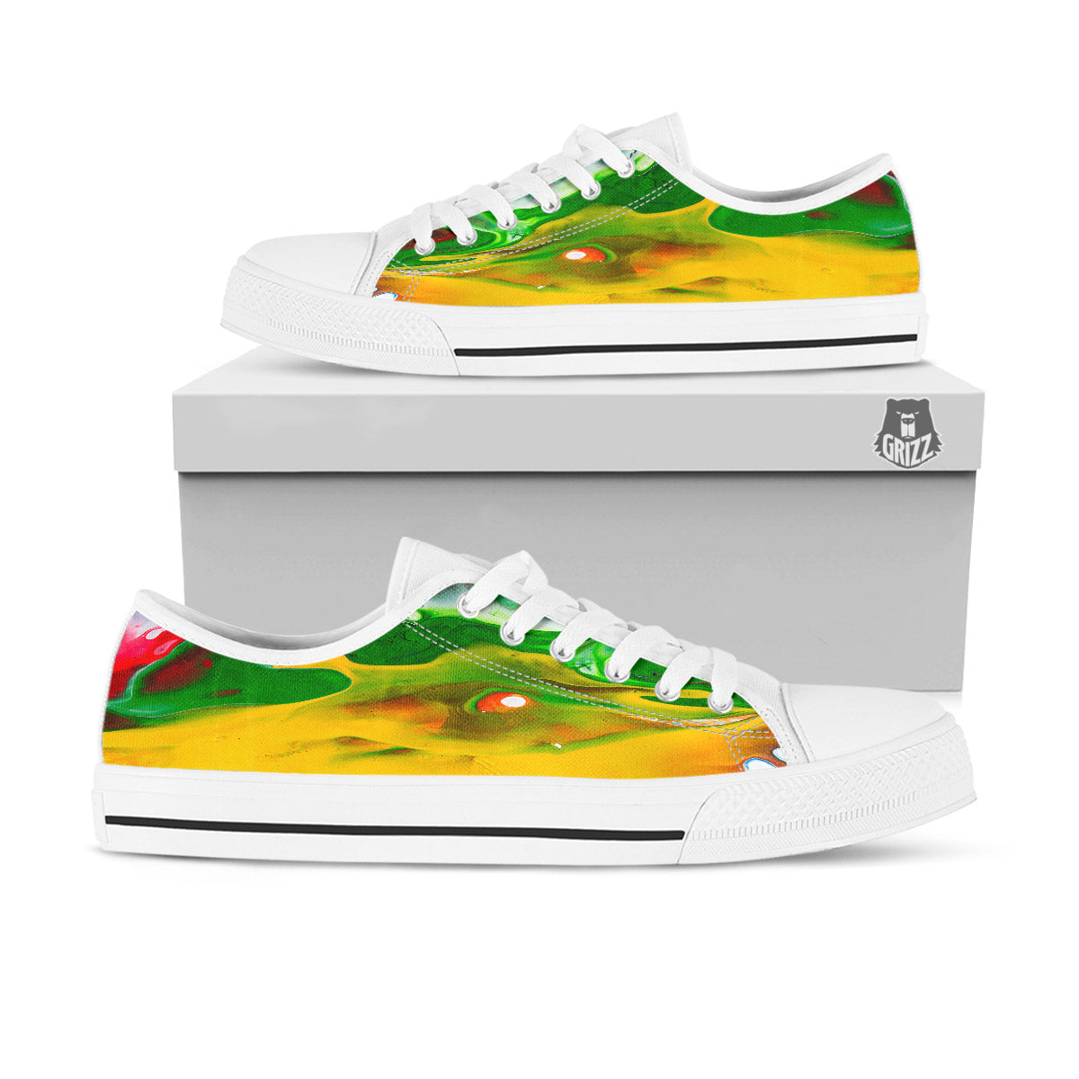 Acid Melt Yellow And Green Print White Low Top Shoes-grizzshop