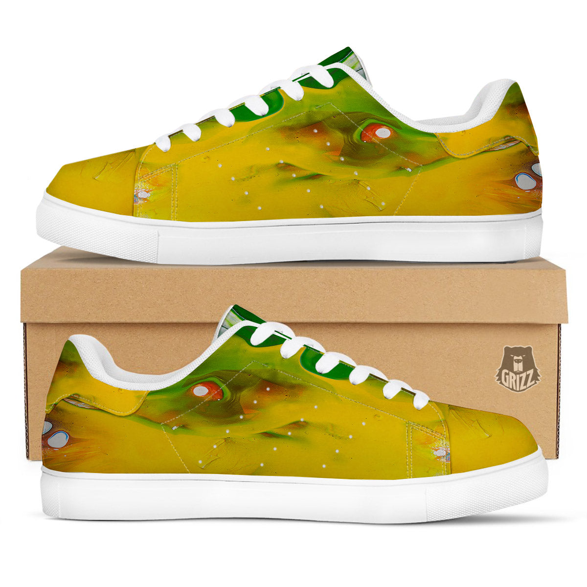Acid Melt Yellow And Green Print White Low Top Sneakers-grizzshop