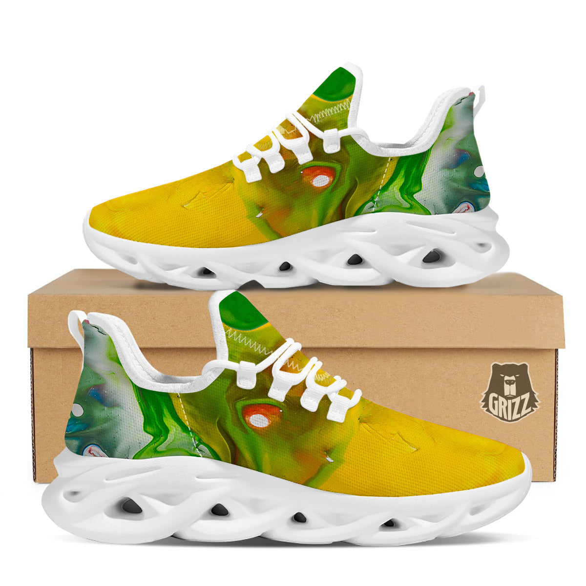 Acid Melt Yellow And Green Print White Running Shoes-grizzshop
