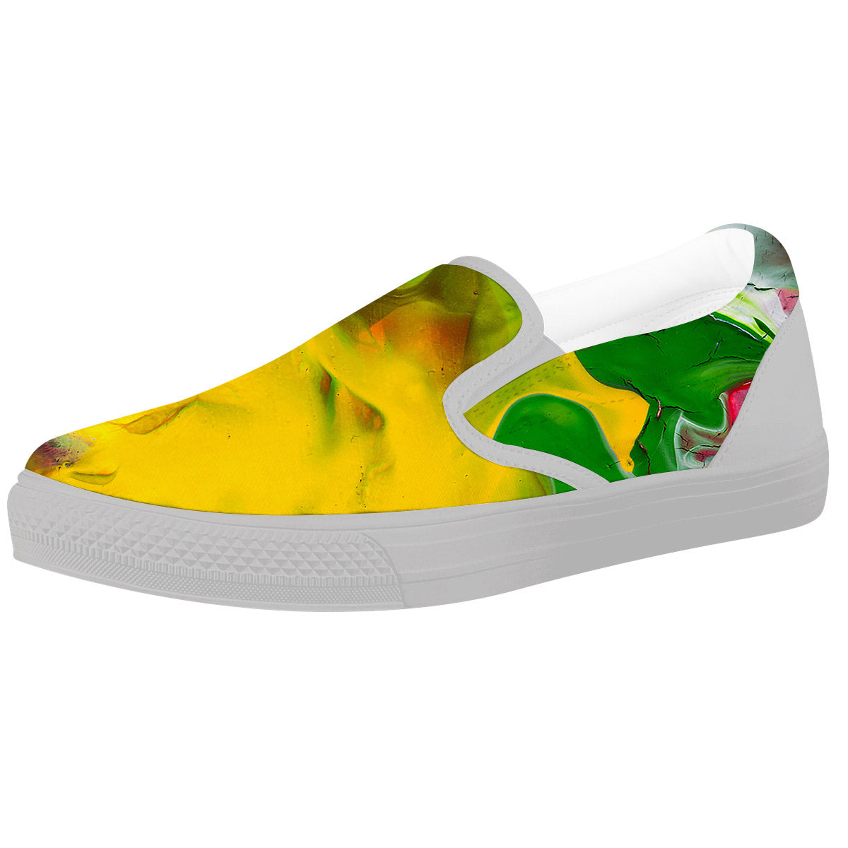 Acid Melt Yellow And Green Print White Slip On Shoes-grizzshop