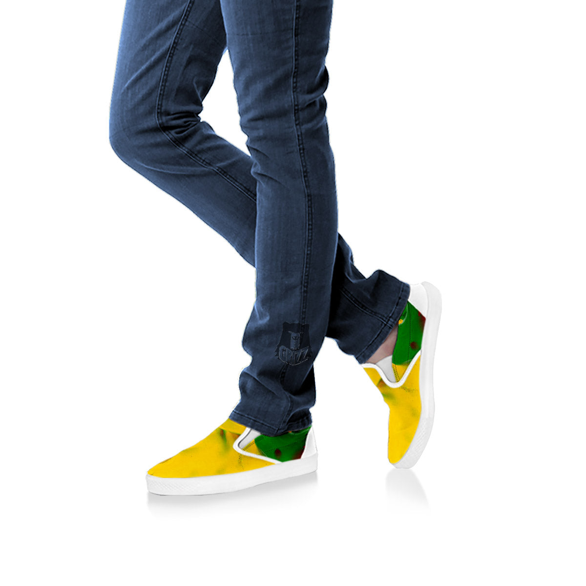 Acid Melt Yellow And Green Print White Slip On Shoes-grizzshop
