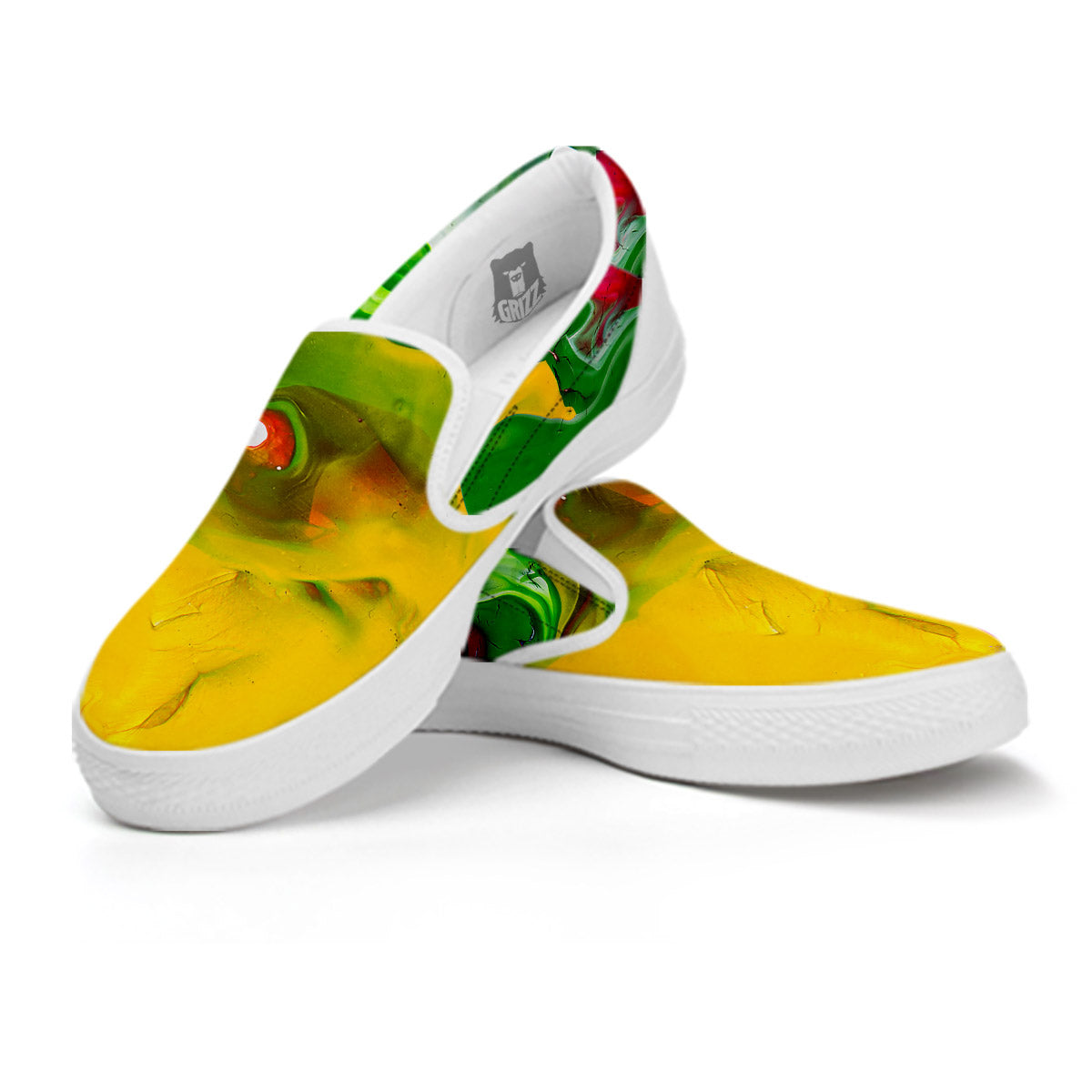 Acid Melt Yellow And Green Print White Slip On Shoes-grizzshop