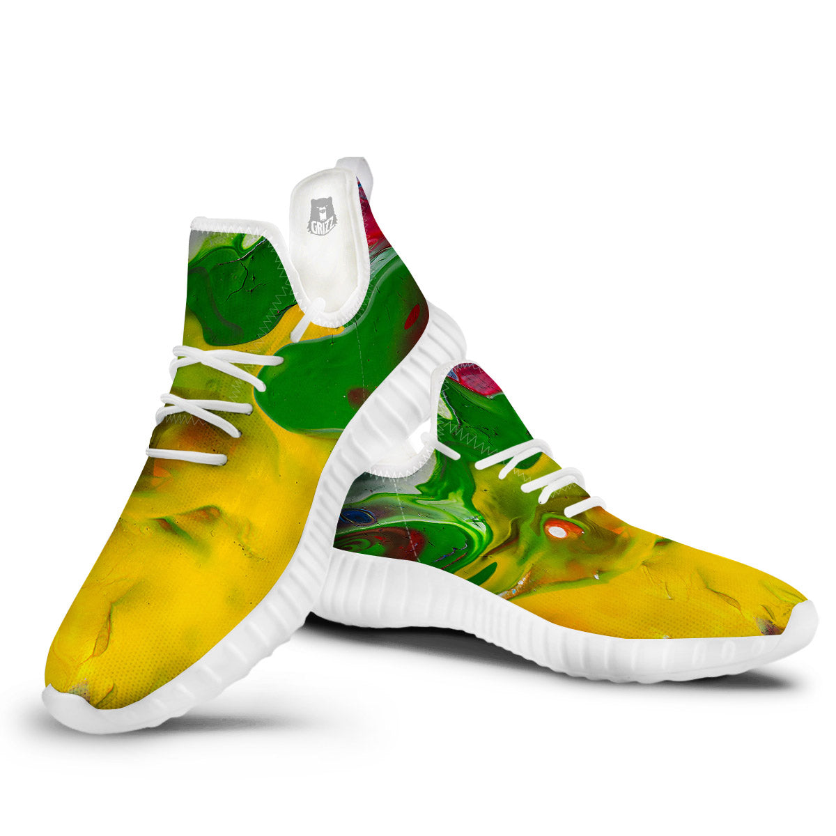 Acid Melt Yellow And Green Print White Walking Shoes-grizzshop