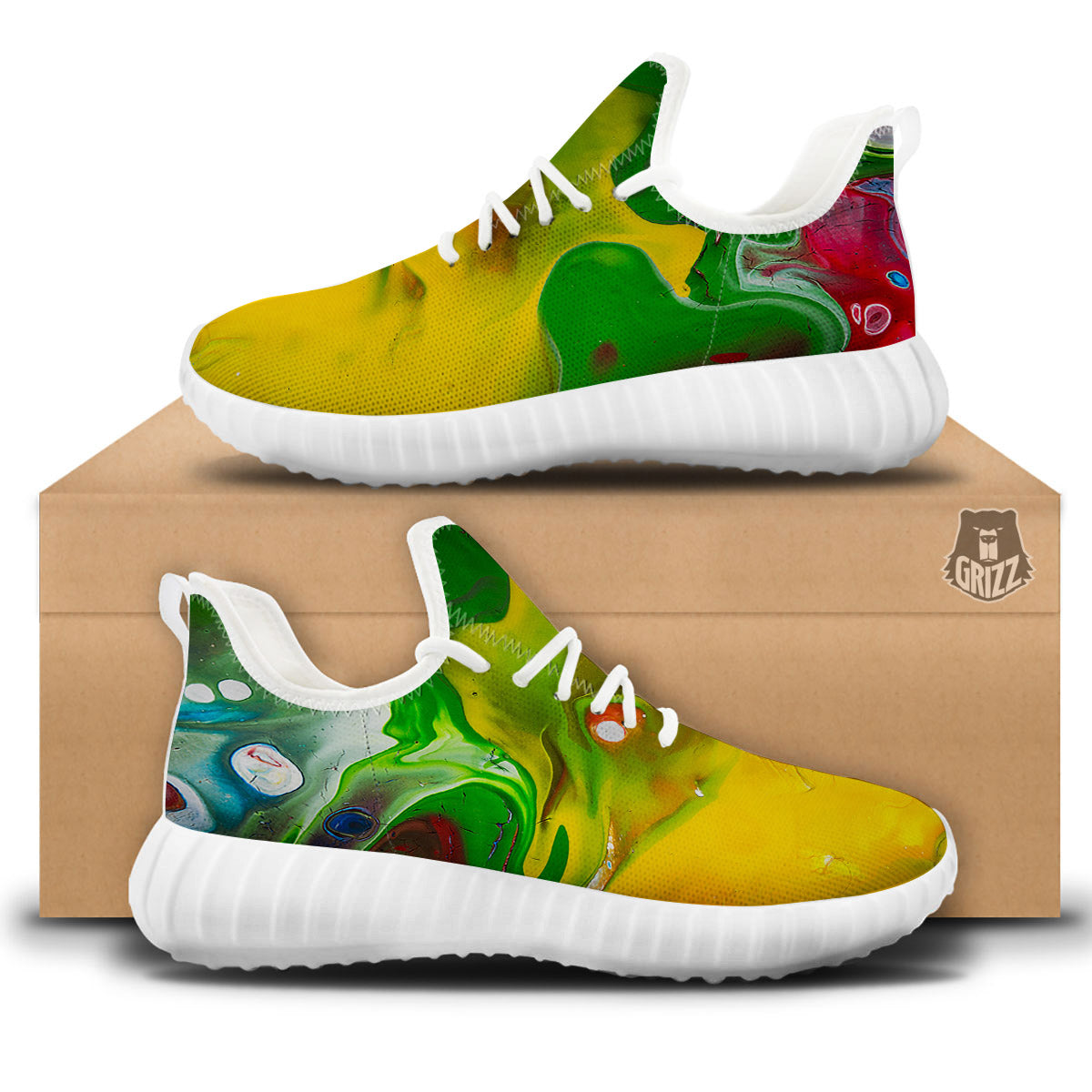 Acid Melt Yellow And Green Print White Walking Shoes-grizzshop