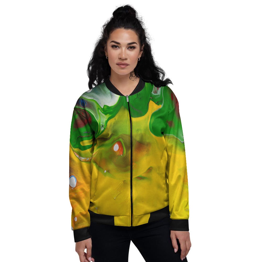 Acid Melt Yellow And Green Print Women's Bomber Jacket-grizzshop