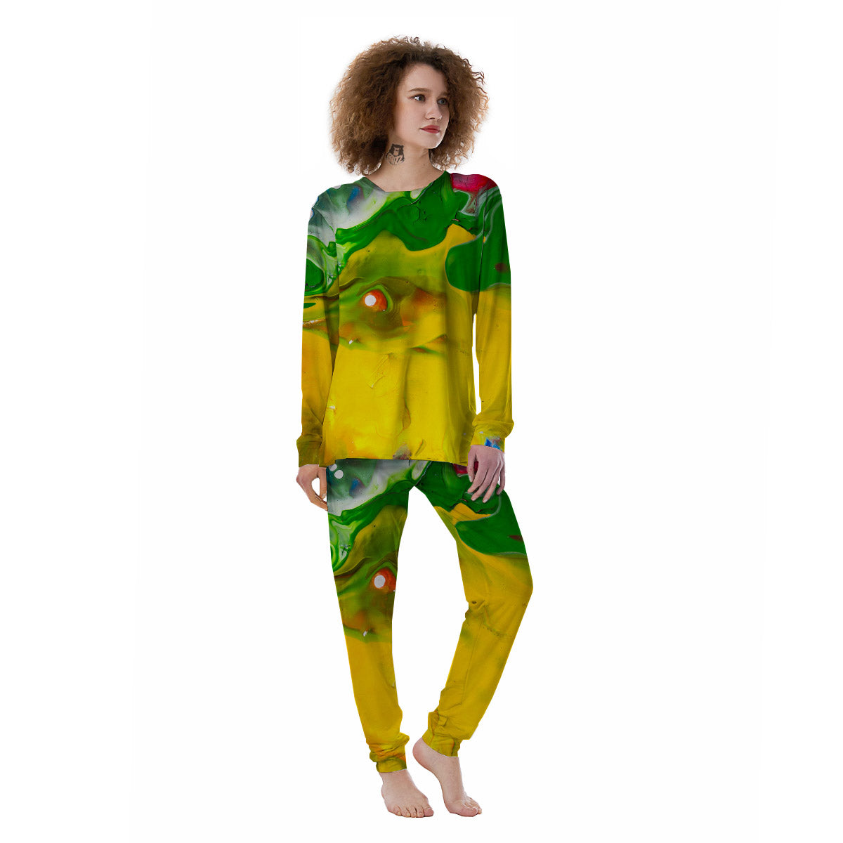 Acid Melt Yellow And Green Print Women's Pajamas-grizzshop