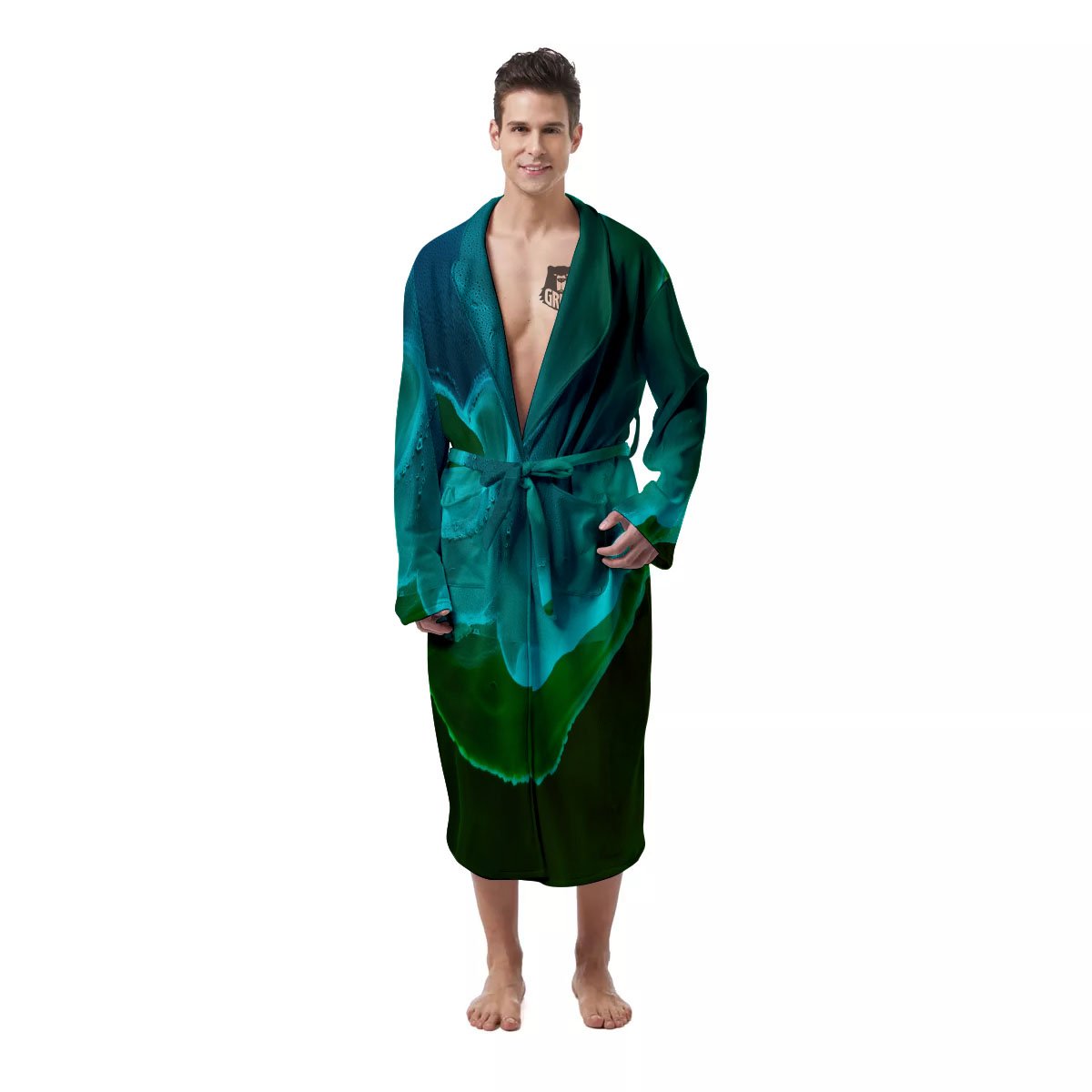 Acid Melt Green And Turquoise Print Men's Robe-grizzshop