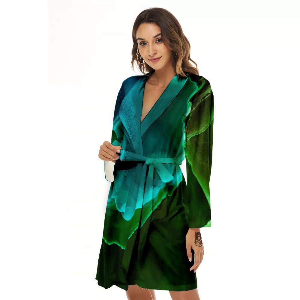Acid Melt Green And Turquoise Print Women's Robe-grizzshop