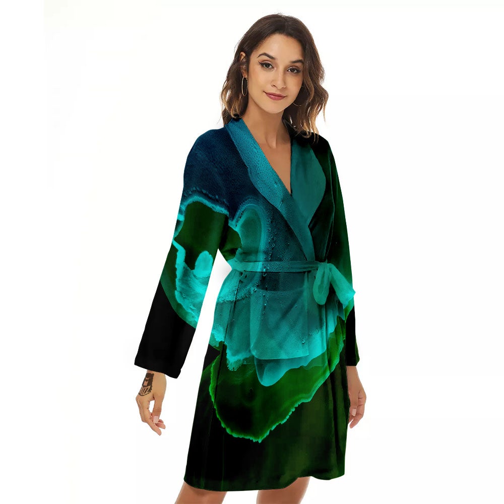 Acid Melt Green And Turquoise Print Women's Robe-grizzshop