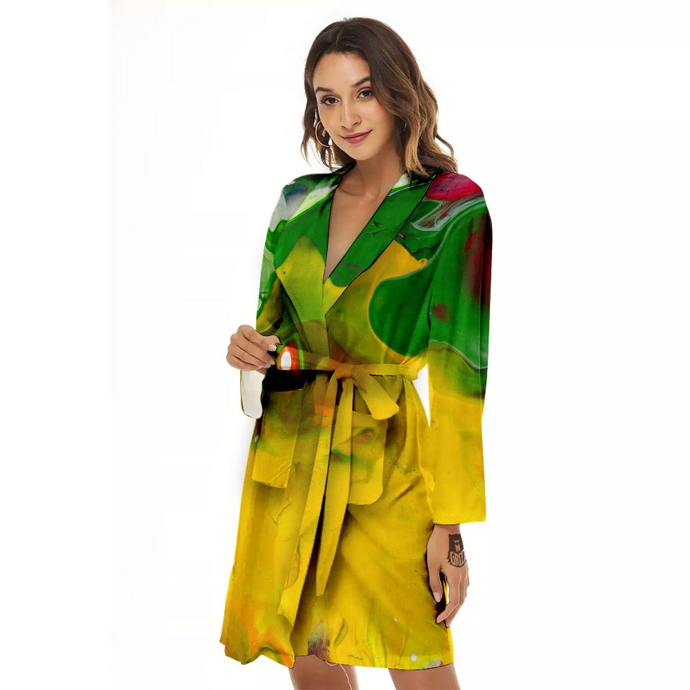 Acid Melt Yellow And Green Print Women's Robe-grizzshop