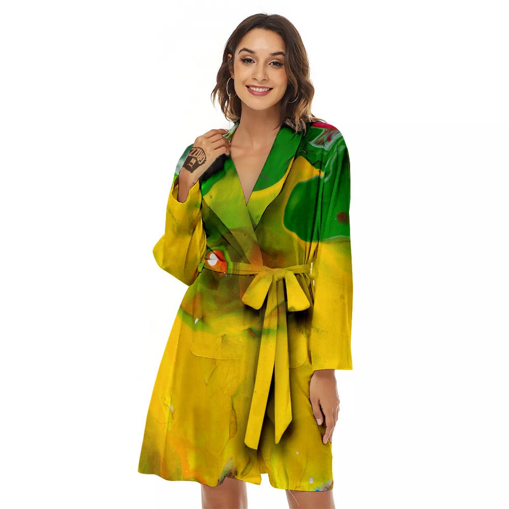 Acid Melt Yellow And Green Print Women's Robe-grizzshop