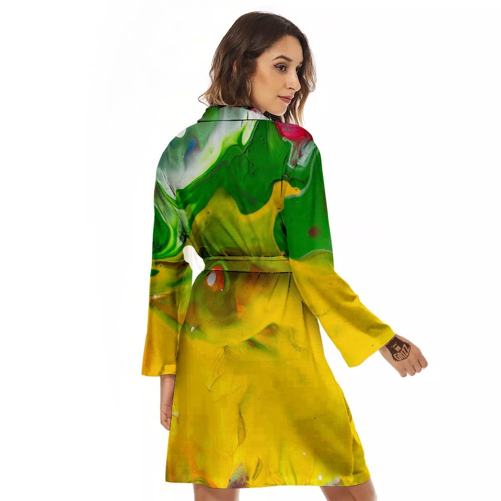 Acid Melt Yellow And Green Print Women's Robe-grizzshop