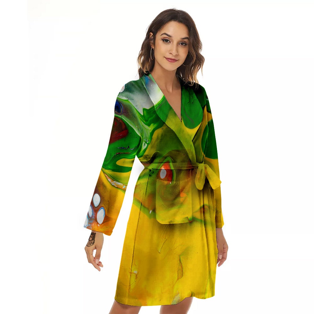 Acid Melt Yellow And Green Print Women's Robe-grizzshop