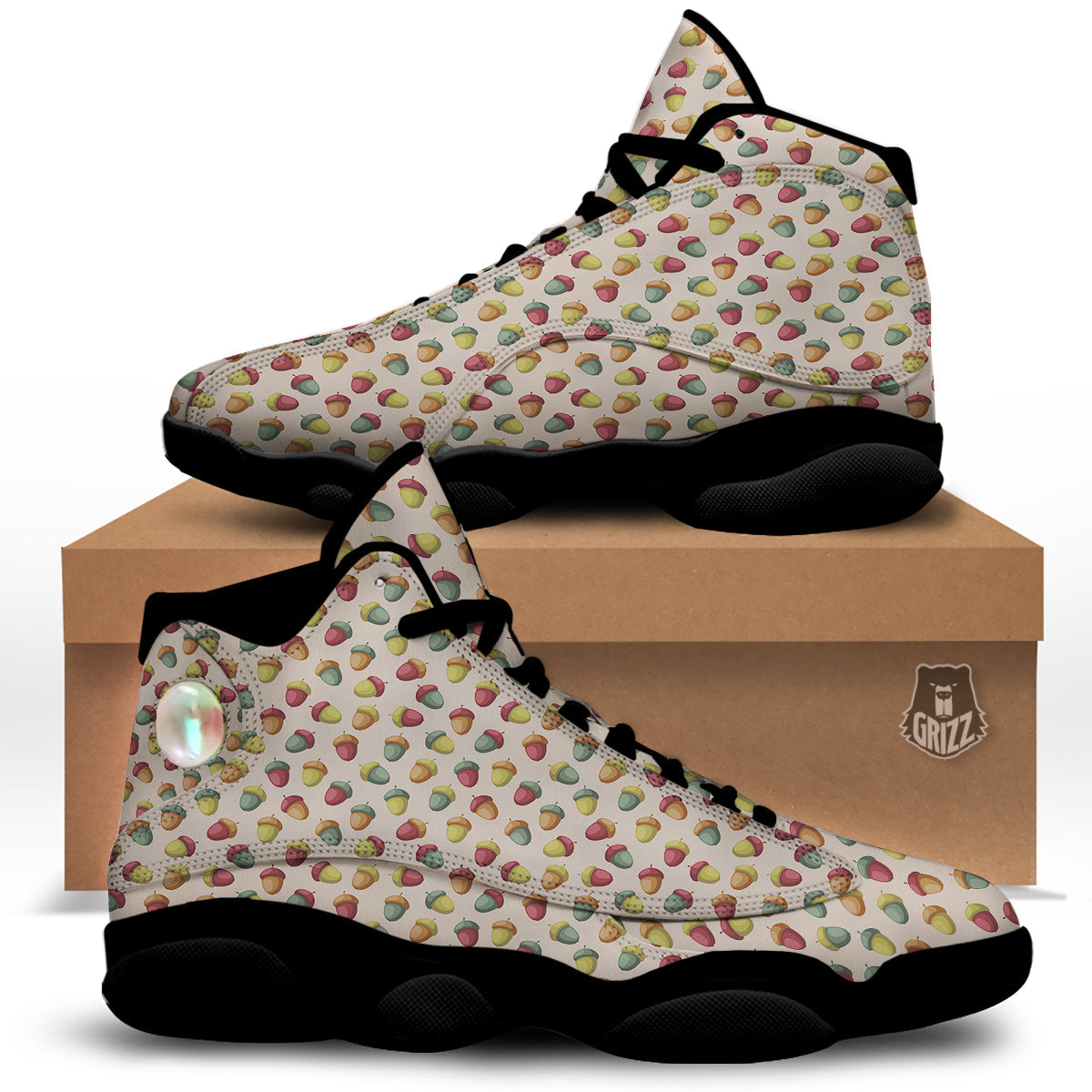Acorn Beige Color Print Pattern Black Basketball Shoes-grizzshop