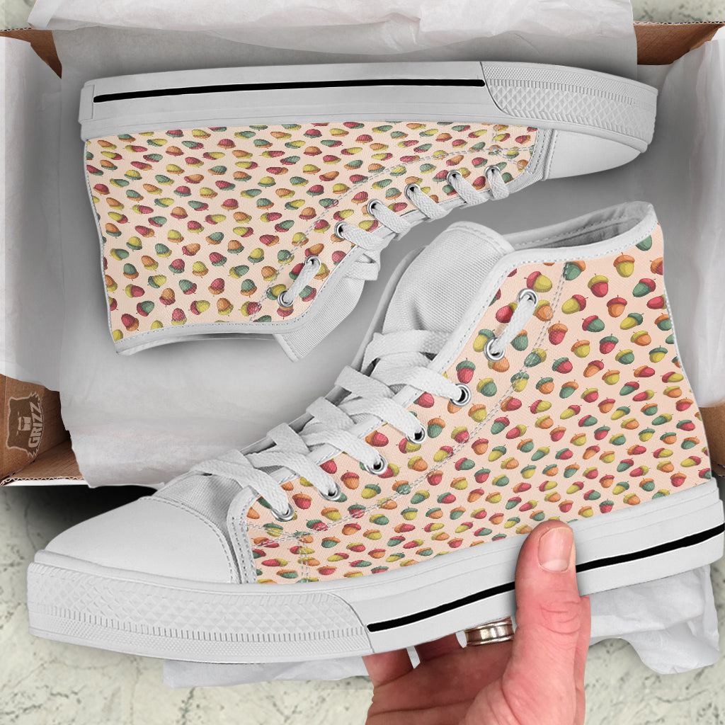 Acorn Beige Color Print Pattern White High Top Shoes-grizzshop