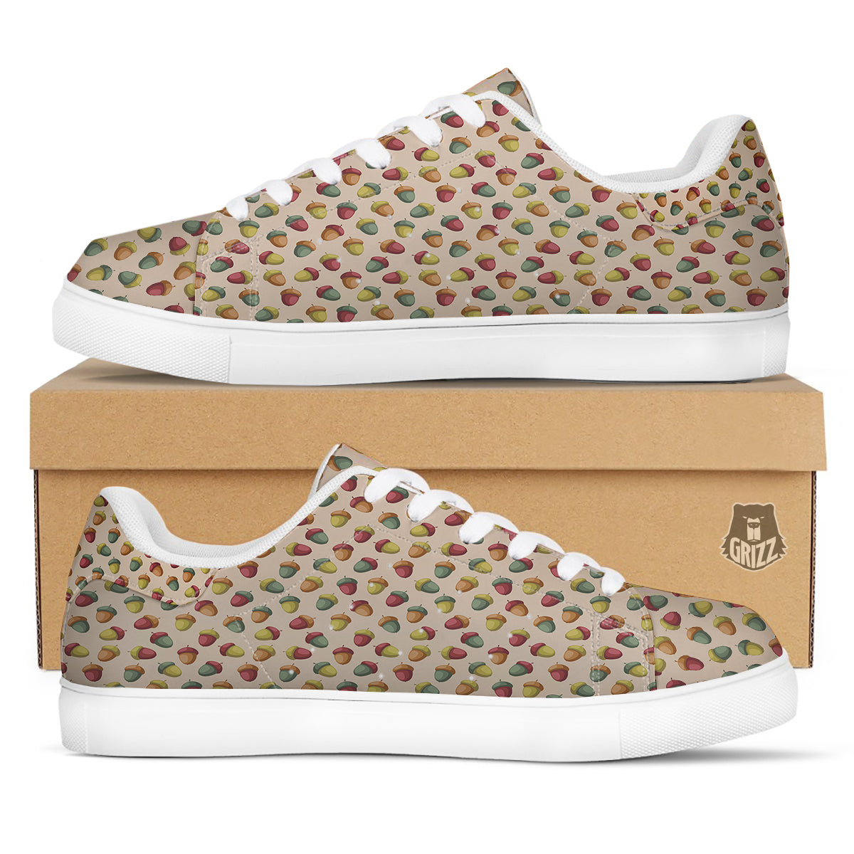 Acorn Beige Color Print Pattern White Low Top Sneakers-grizzshop